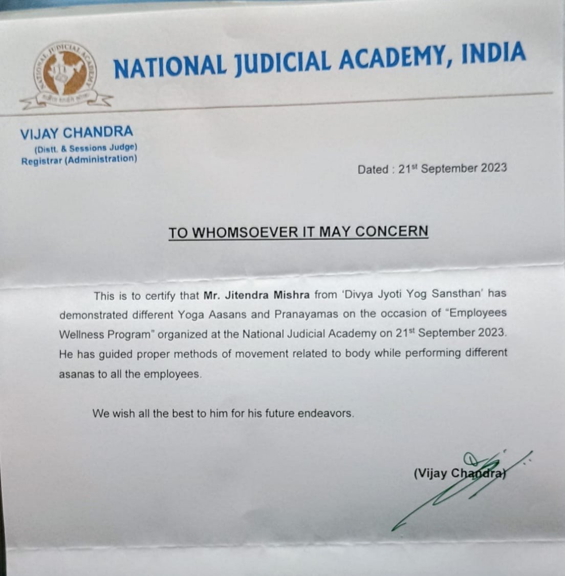 National Yoga Protocol Certificate
